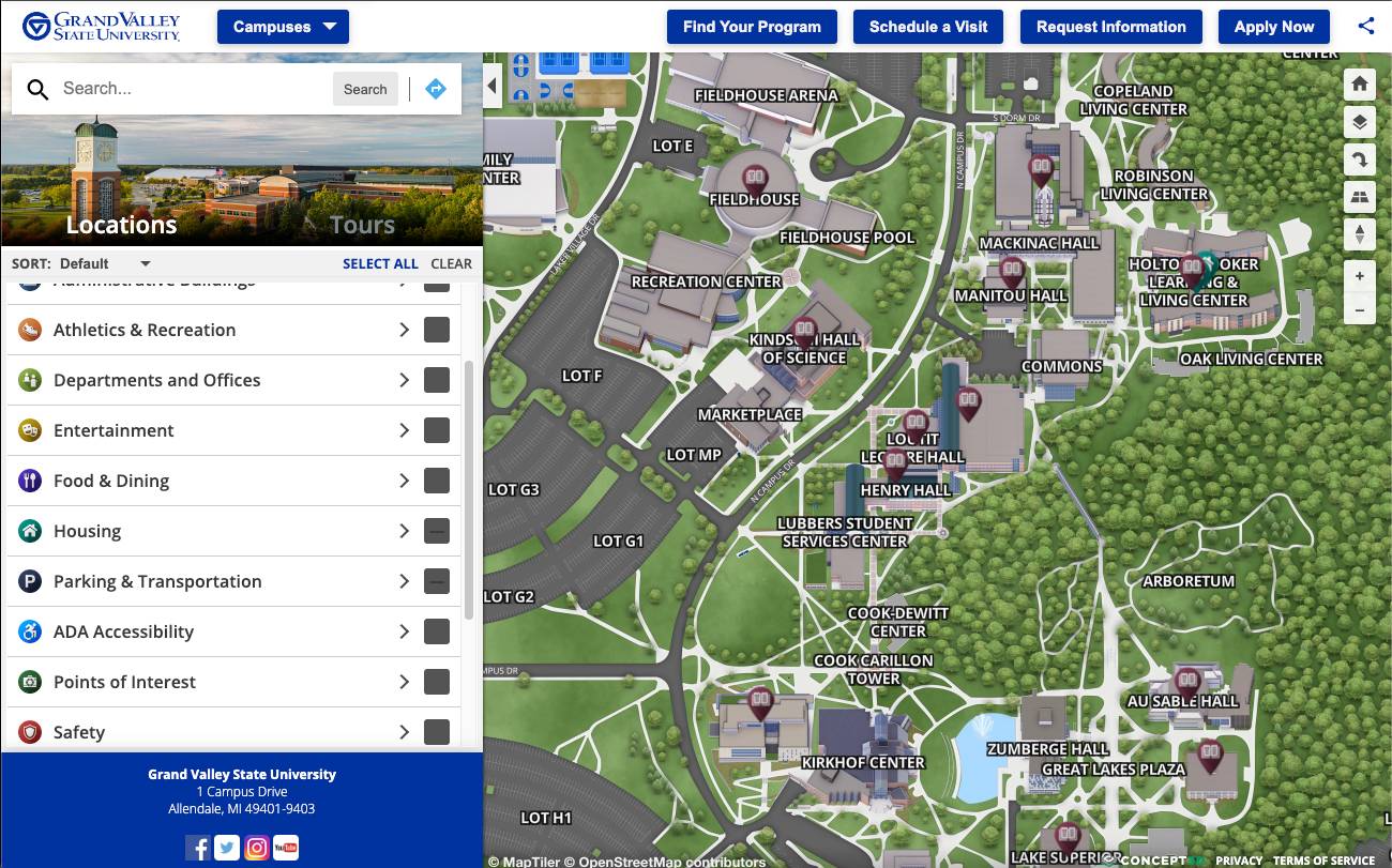 Grand Valley's virtual tour map of campus.